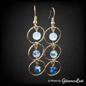 Triple Tiered Circle Faceted AB Gold Tone Earrings
